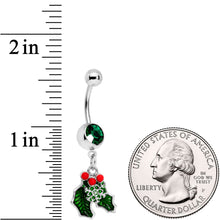 Load image into Gallery viewer, Green Gem Winter Wonderland Snow on the Holly Dangle Belly Ring
