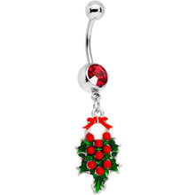 将图片加载到图库查看器，Red Gem Holiday Bow and Berries Holly Day Dangle Belly Ring
