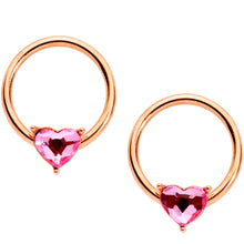 Load image into Gallery viewer, 14G Pink Gem Rose Gold Tone Heart BCR Barbell Nipple Ring Set
