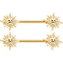 Load image into Gallery viewer, 14G 9/16 Gold Tone Happy Sun Barbell Nipple Ring Set
