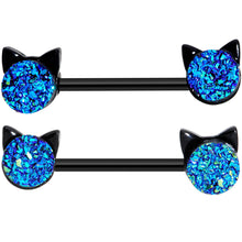 Load image into Gallery viewer, 14G 9/16 Blue Faux Druzy Cat Head Barbell Nipple Ring Set
