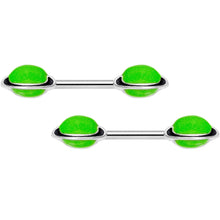 Load image into Gallery viewer, 14G 9/16 Green Glow in the Dark Saturn Barbell Nipple Ring Set
