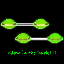 Load image into Gallery viewer, 14G 9/16 Green Glow in the Dark Saturn Barbell Nipple Ring Set

