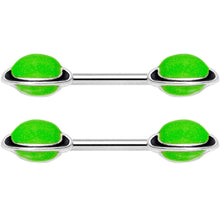 Load image into Gallery viewer, 14G 9/16 Green Glow in the Dark Saturn Barbell Nipple Ring Set
