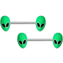 Load image into Gallery viewer, 14G 9/16 Green Glow in the Dark Aliens Barbell Nipple Ring Set
