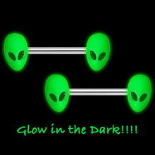 Load image into Gallery viewer, 14G 9/16 Green Glow in the Dark Aliens Barbell Nipple Ring Set
