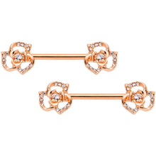 Load image into Gallery viewer, 14G 9/16 Clear Gem Rose Gold Tone Flower Barbell Nipple Ring Set
