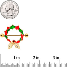Load image into Gallery viewer, 14G 25mm Red Gem Gold Tone Happy Holiday Wreath Nipple Shield Set
