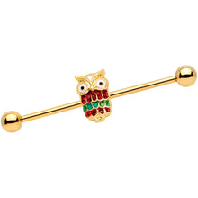 Load image into Gallery viewer, 14G Gold Tone Happy Holiday Hoot Owl Industrial Barbell 38mm
