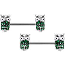 Load image into Gallery viewer, 14G 9/16 Green Happy Holiday Hoot Owl Barbell Nipple Ring Set
