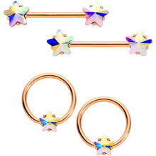 Load image into Gallery viewer, 14G Aurora Star Gem Rose Gold Tone BCR Barbell Nipple Ring Set
