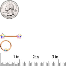 Load image into Gallery viewer, 14G Aurora Star Gem Rose Gold Tone BCR Barbell Nipple Ring Set
