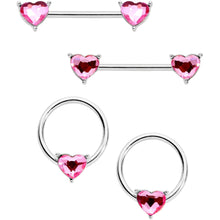 Load image into Gallery viewer, 9/16 1/2 Pink Heart Gem BCR Barbell Nipple Ring Set
