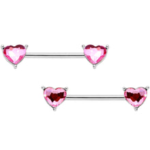 Load image into Gallery viewer, 9/16 1/2 Pink Heart Gem BCR Barbell Nipple Ring Set

