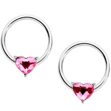 Load image into Gallery viewer, 9/16 1/2 Pink Heart Gem BCR Barbell Nipple Ring Set

