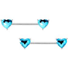 Load image into Gallery viewer, 9/16 1/2 Aqua Heart Gem BCR Barbell Nipple Ring Set
