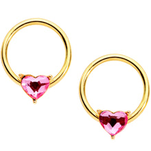 Load image into Gallery viewer, 14G Pink Heart Gem Gold Tone BCR Nipple Ring Set
