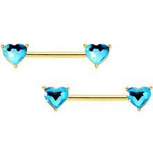 Load image into Gallery viewer, 14G Blue Valentine Gem Gold Tone BCR Barbell Nipple Ring Set
