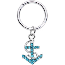 Load image into Gallery viewer, 16G 3/8 Aqua CZ Gem Nautical Anchor Hinged Dangle Segment Ring
