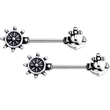 Load image into Gallery viewer, 14G 9/16 Wheel and Anchor Nautical Barbell Nipple Ring Set
