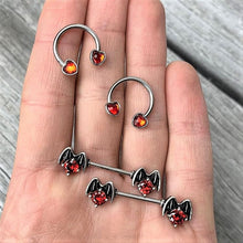 Load image into Gallery viewer, 14G 9/16 Red Gem Halloween Night Bat Barbell Nipple Ring Set
