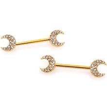Load image into Gallery viewer, 14G 9/16 Clear Gem Gold Tone Crescent Moon Barbell Nipple Ring Set
