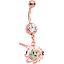 Load image into Gallery viewer, Clear Gem Rose Gold Tone Glow in the Dark Orb Unicorn Dangle Belly Ring

