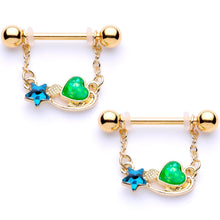 Load image into Gallery viewer, 5/8 Blue Green Gem Gold Tone Star Heart Dangle Barbell Nipple Ring Set

