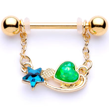Load image into Gallery viewer, 5/8 Blue Green Gem Gold Tone Star Heart Dangle Barbell Nipple Ring Set
