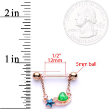 Load image into Gallery viewer, Blue Green Gem Rose Gold Tone Star Heart Dangle Barbell Nipple Ring Set
