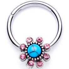 Load image into Gallery viewer, 16G 3/8 Pink Gem Faux Turquoise Flower Hinged Segment Ring

