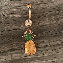 Load image into Gallery viewer, Clear Gem Rose Gold Tone Pineapple Dangle Belly Ring
