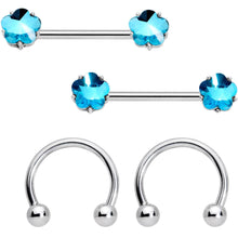 Load image into Gallery viewer, 14G 9/16 1/2 Aqua Gem Flower Horseshoe Barbell Nipple Ring Set
