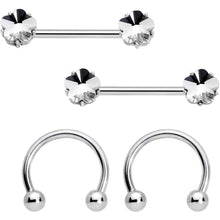 Load image into Gallery viewer, 14G 9/16 1/2 Clear Gem Flower Horseshoe Barbell Nipple Ring Set
