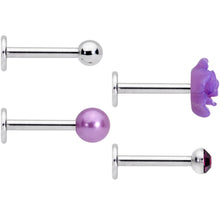 Load image into Gallery viewer, 16G 1/4 Purple Gem Rose Flower Labret Monroe Tragus Set of 4
