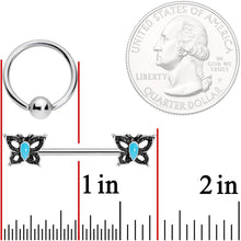 Load image into Gallery viewer, 14G Faux Turquoise Butterfly BCR Barbell Nipple Ring Set of 4
