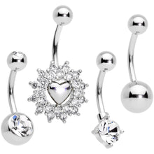 Load image into Gallery viewer, Clear Gem Valentines Day Sunburst Heart Belly Ring Set of 4
