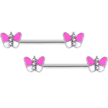 Load image into Gallery viewer, 14G Pink White Inlay Butterfly BCR Barbell Nipple Ring Set of 4
