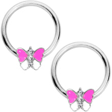 Load image into Gallery viewer, 14G Pink White Inlay Butterfly BCR Barbell Nipple Ring Set of 4
