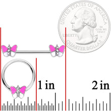 Load image into Gallery viewer, 14G Pink White Inlay Butterfly BCR Barbell Nipple Ring Set of 4
