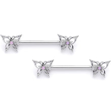 Load image into Gallery viewer, 14G 9/16 Pink Faux Opal Lacy Butterfly Barbell Nipple Ring Set
