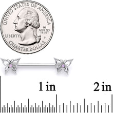 Load image into Gallery viewer, 14G 9/16 Pink Faux Opal Lacy Butterfly Barbell Nipple Ring Set
