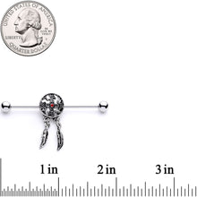 Load image into Gallery viewer, 14G Red Gem Cross and Feather Dangle Industrial Barbell 38mm
