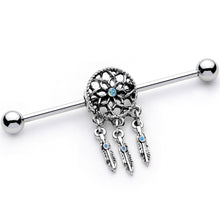 Load image into Gallery viewer, White Faux Opal Feather Dreamcatcher Dangle Industrial Barbell 38mm
