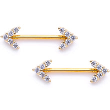 Load image into Gallery viewer, 14G 9/16 Clear Gem Gold Tone Arrows Barbell Nipple Ring Set
