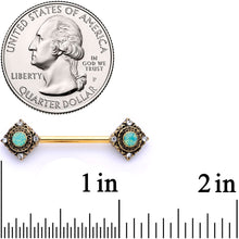 Load image into Gallery viewer, 14G 9/16 Clear Gem Green Faux Opal Gold Tone Barbell Nipple Set
