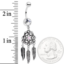 将图片加载到图库查看器，Clear Gem Pink Faux Opal Feather Dreamcatcher Dangle Belly Ring
