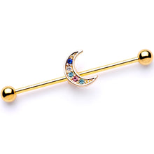 Load image into Gallery viewer, 14G Multicolor Gem Gold Tone Moon Industrial Barbell 38mm

