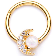 Load image into Gallery viewer, 16G 3/8 White Faux Opal Gold Tone Moon Hinged Segment Ring
