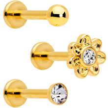 将图片加载到图库查看器，16G Clear Gem Gold Tone Internally Threaded Rose Flower Labret Set
